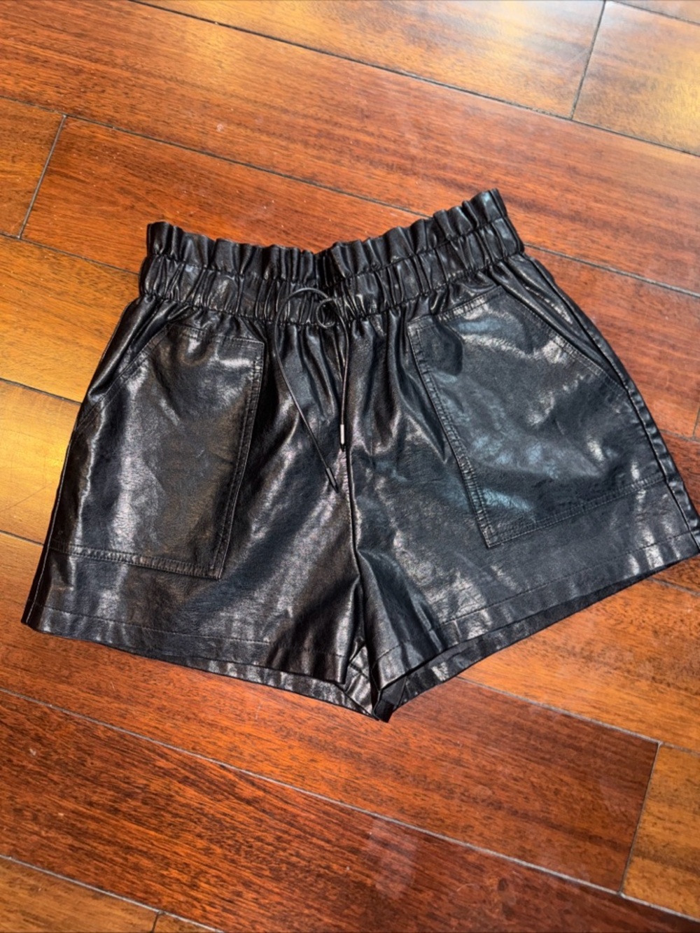 Black Faux Leather Paperbag Waist Shorts Size M